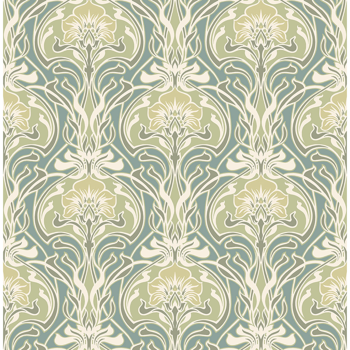 Picture of Mucha Teal Botanical Ogee Wallpaper