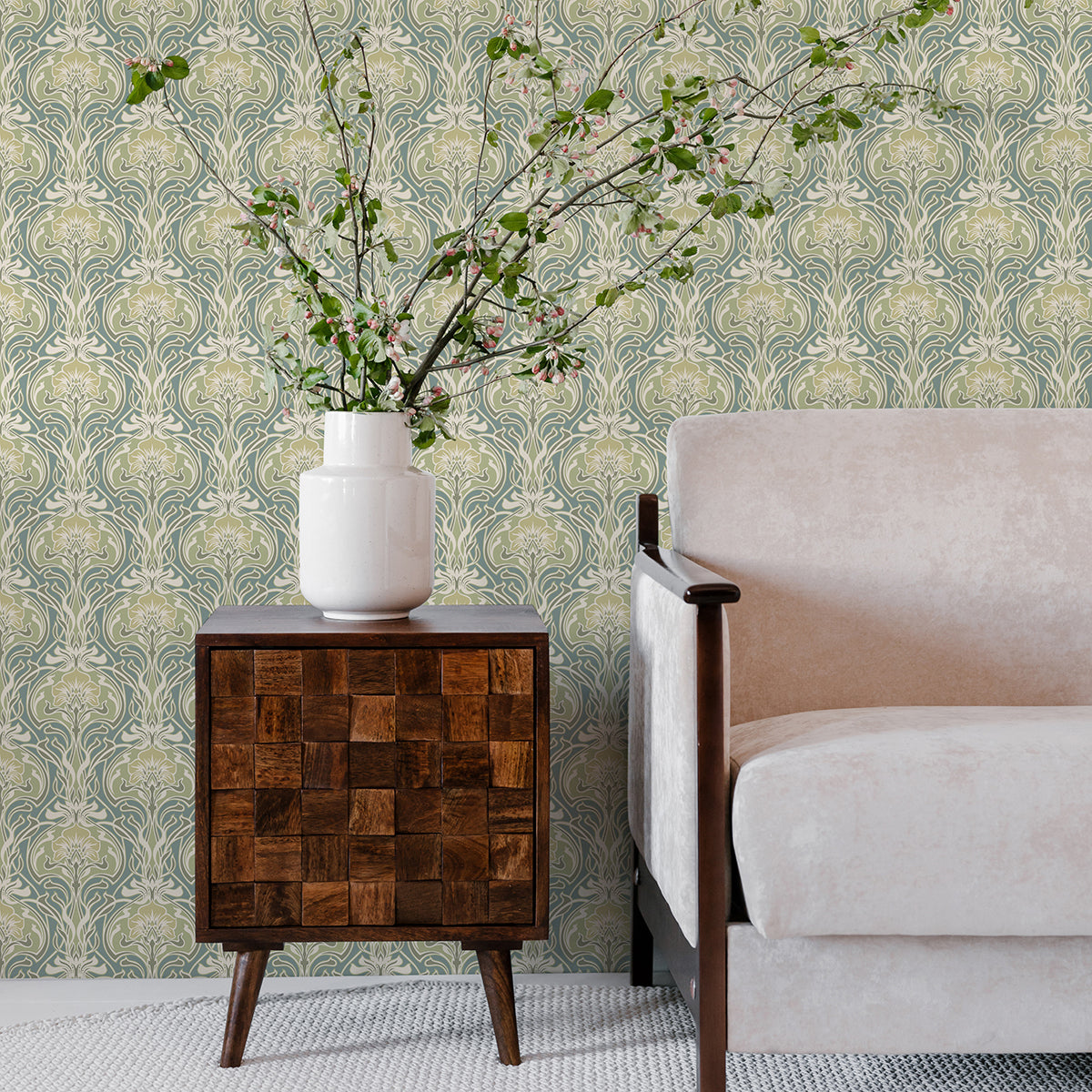 Mucha Teal Botanical Ogee Wallpaper  | Brewster Wallcovering - The WorkRm