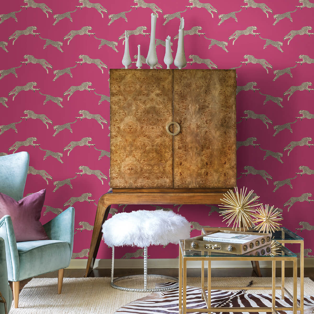 Bubblegum Leaping Cheetah Peel and Stick Wallpaper - York Wallcoverings - SCS4276 - York Wallcoverings Wallpaper