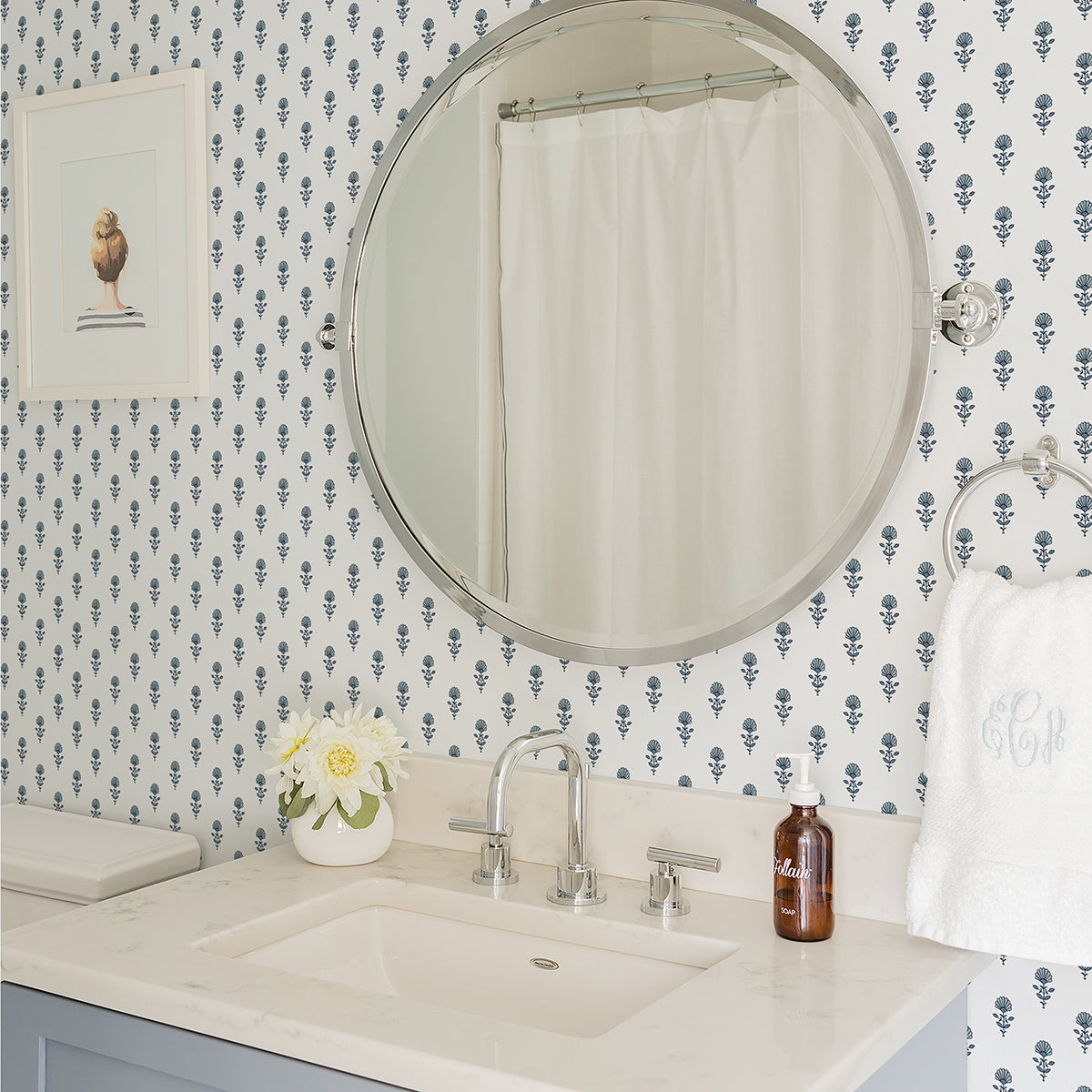 Libby Blue Heather Mini Floral Wallpaper By Erin Gates - Brewster Wallcovering