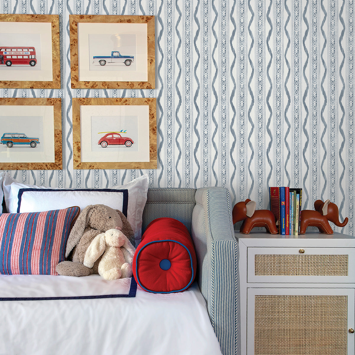 Rhys Blue IKAT Stripe Wallpaper  | Brewster Wallcovering - The WorkRm