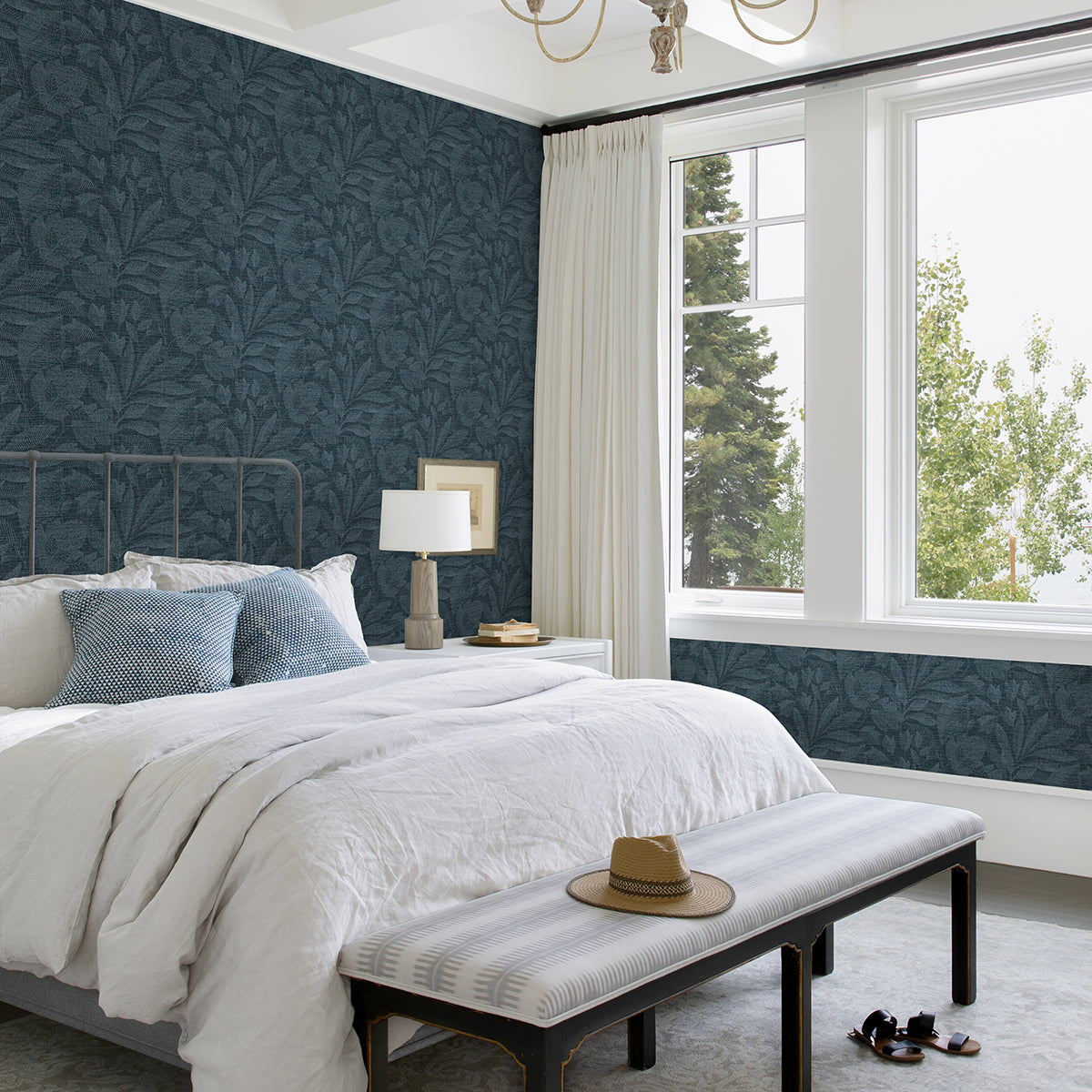 Lei Navy Leaf Wallpaper  | Brewster Wallcovering - The WorkRm