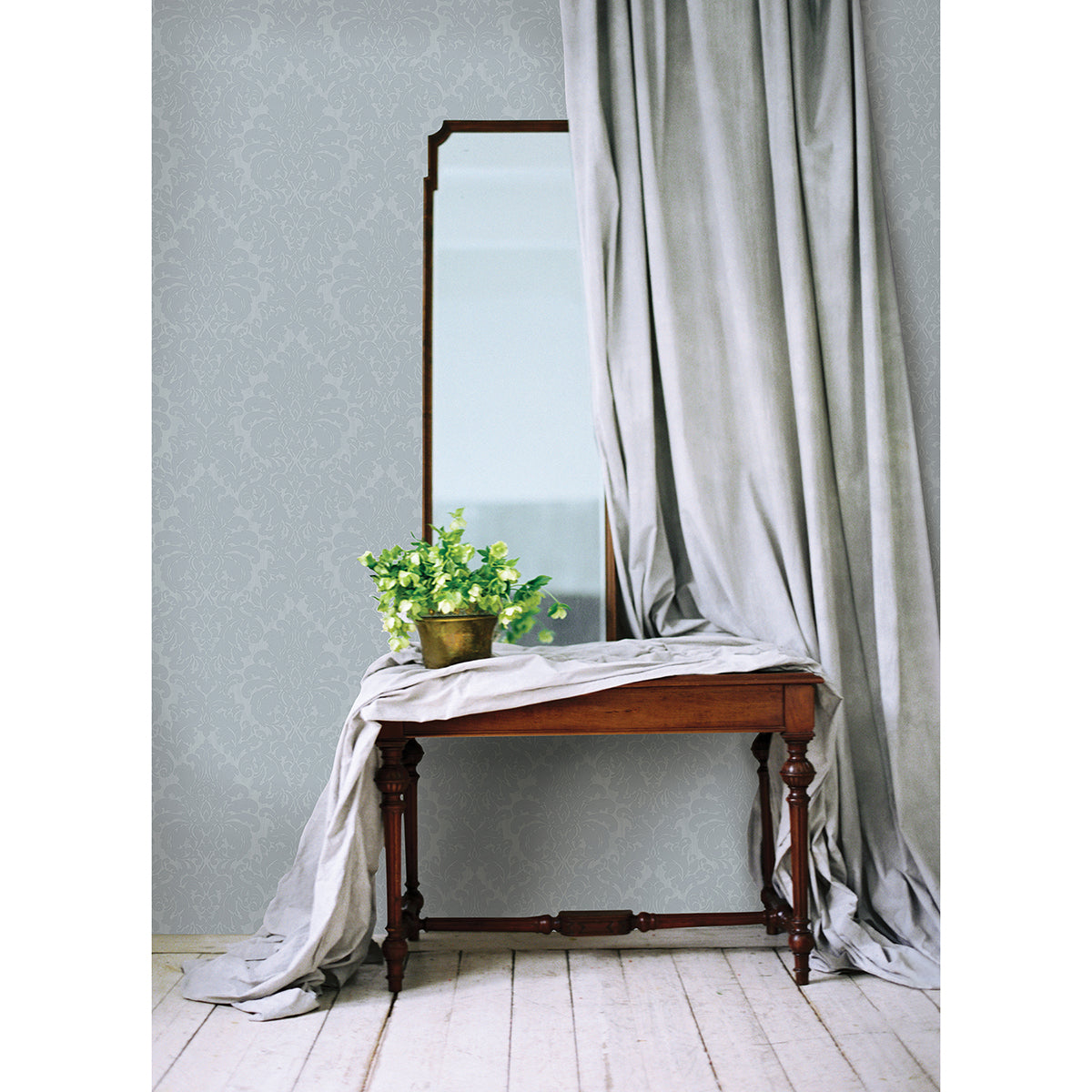 Betina Light Blue Damask Wallpaper - Brewster Wallcovering