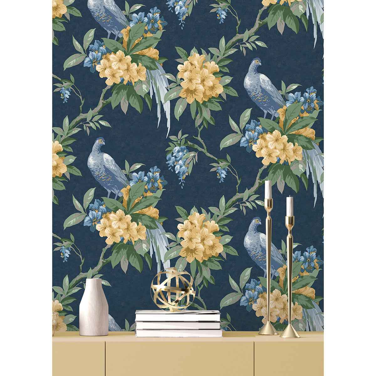 Golden Pheasant Dark Blue Floral Wallpaper - York Wallcoverings - M1661 - York Wallcoverings Wallpaper