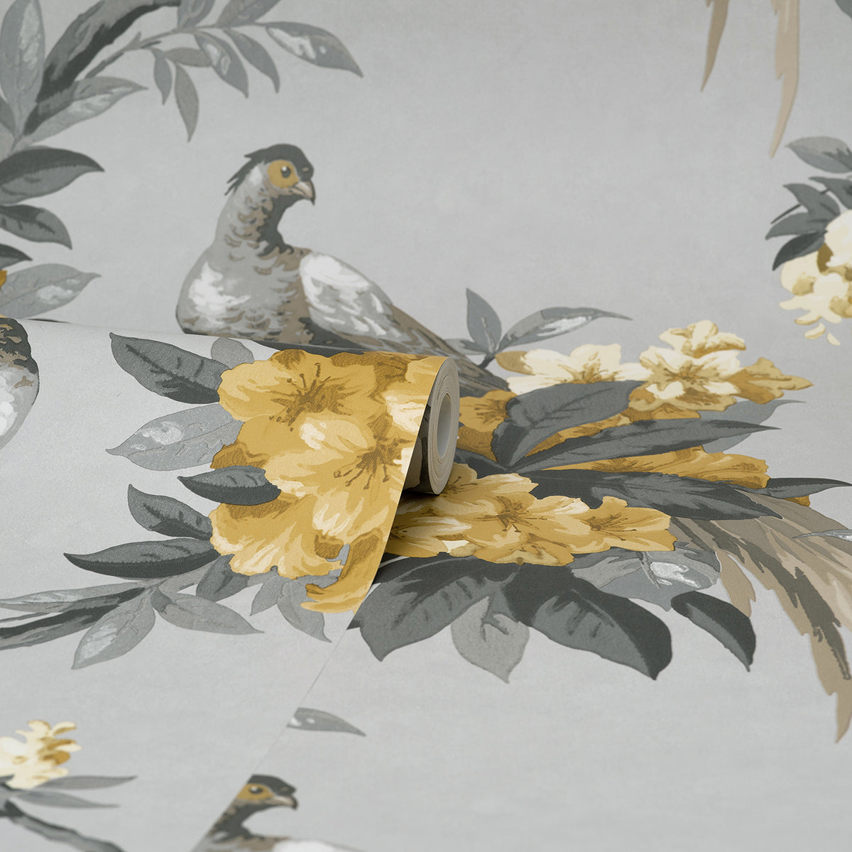 Golden Pheasant Grey Floral Wallpaper  | Brewster Wallcovering