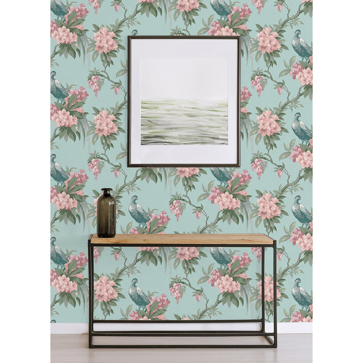 Golden Pheasant Aqua Floral Wallpaper - Brewster Wallcovering