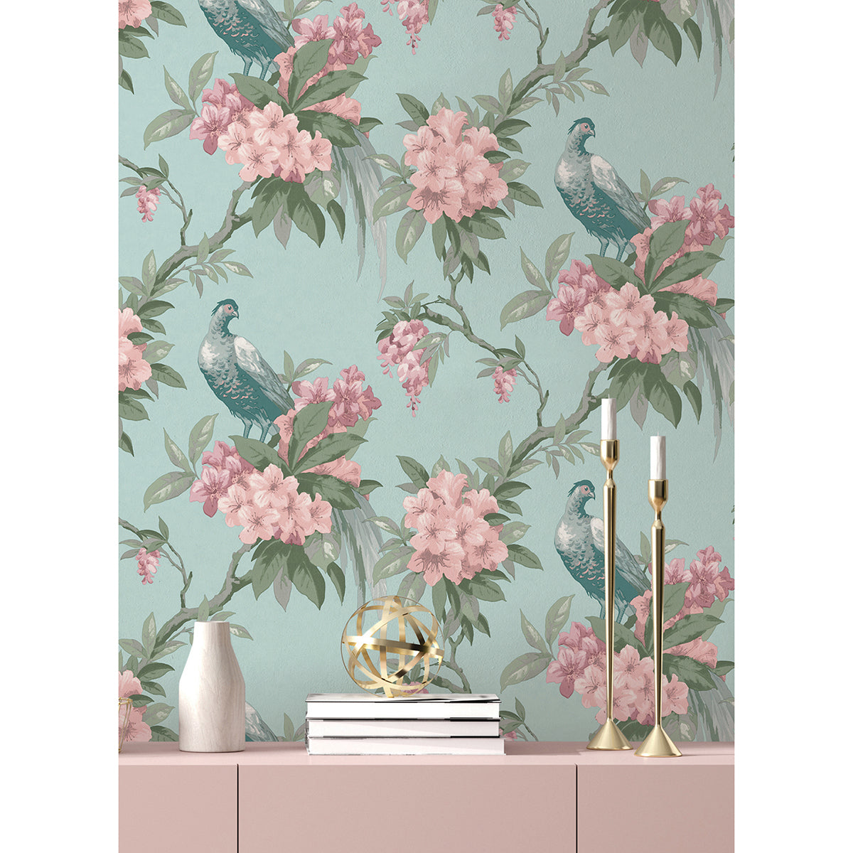 Golden Pheasant Aqua Floral Wallpaper - Brewster Wallcovering