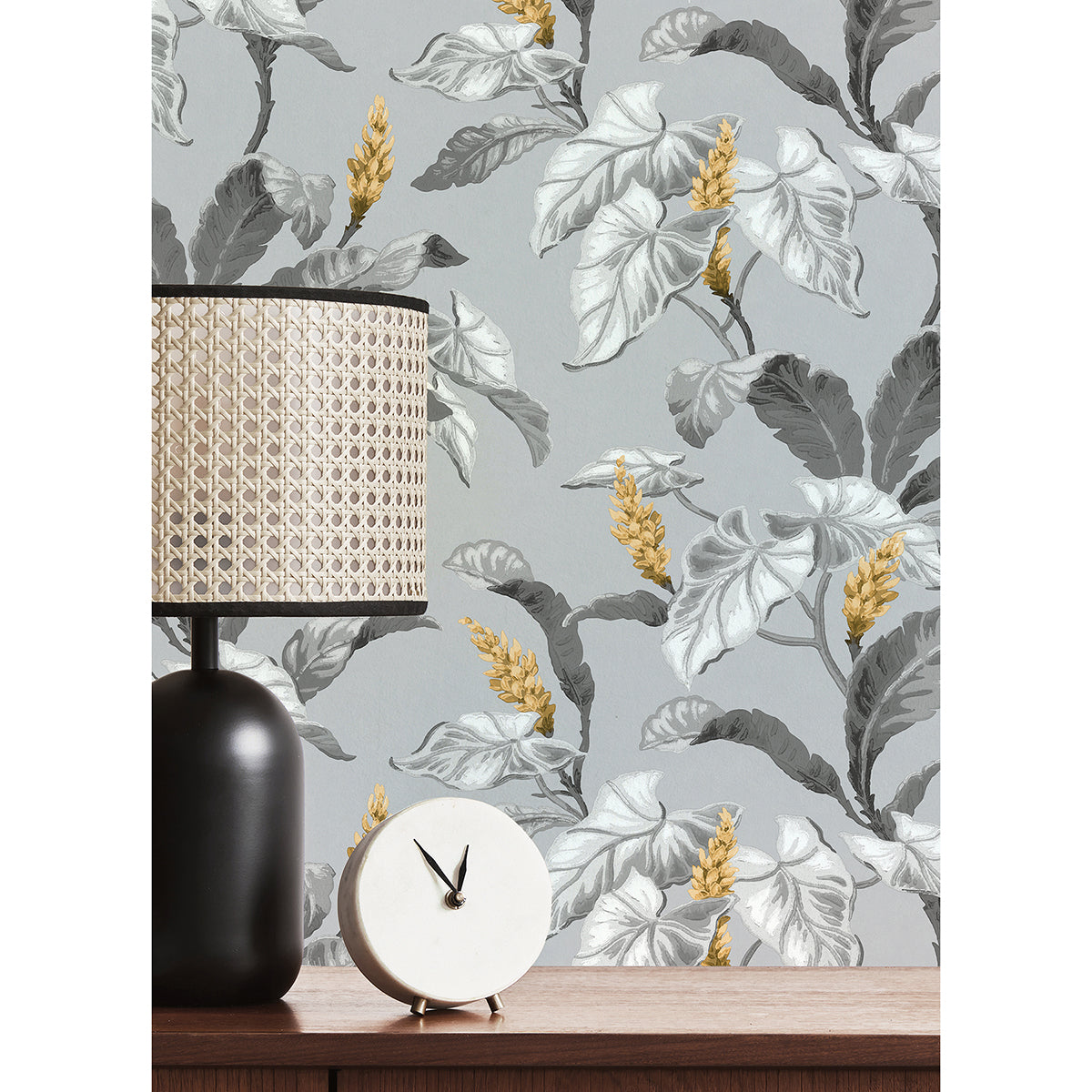 Meridian Parade Grey Tropical Leaves Wallpaper - Brewster Wallcovering