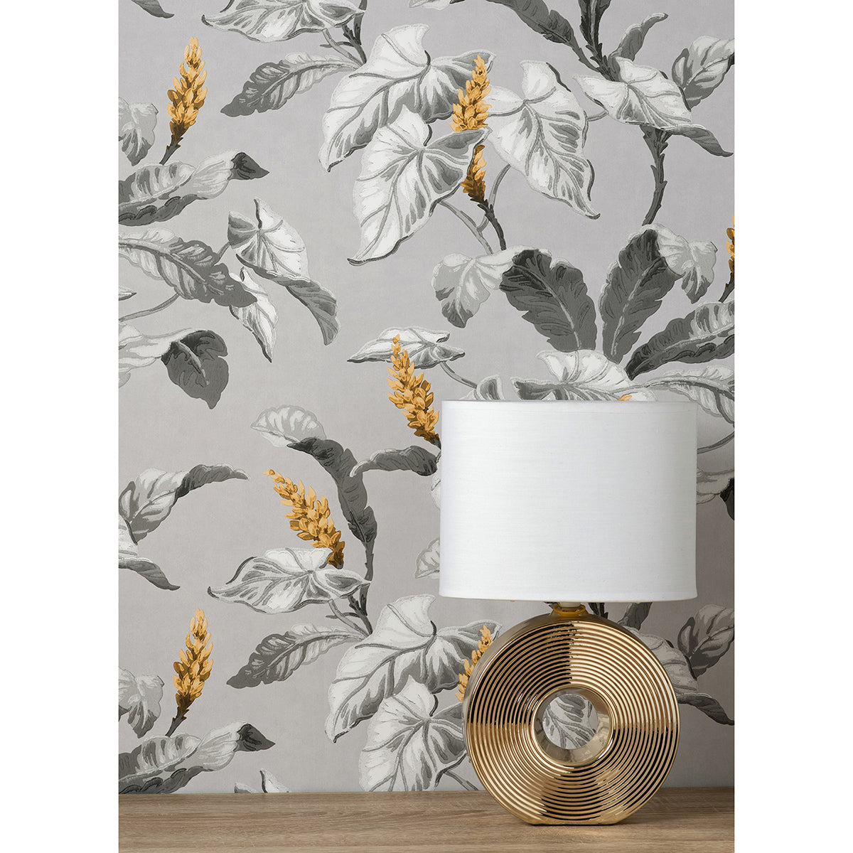 Meridian Parade Grey Tropical Leaves Wallpaper  | Brewster Wallcovering - The WorkRm