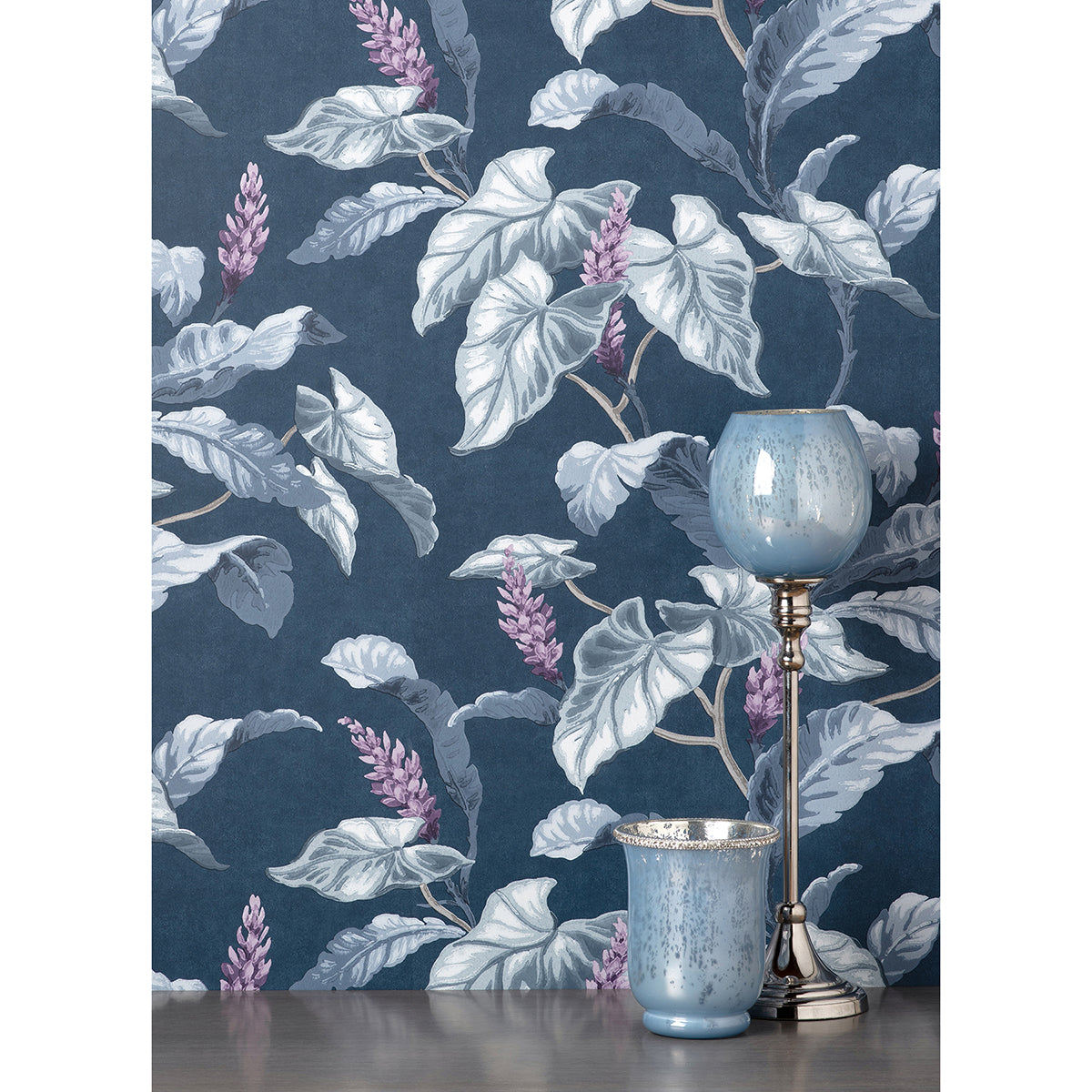 Meridian Parade Blue Tropical Leaves Wallpaper - Brewster Wallcovering