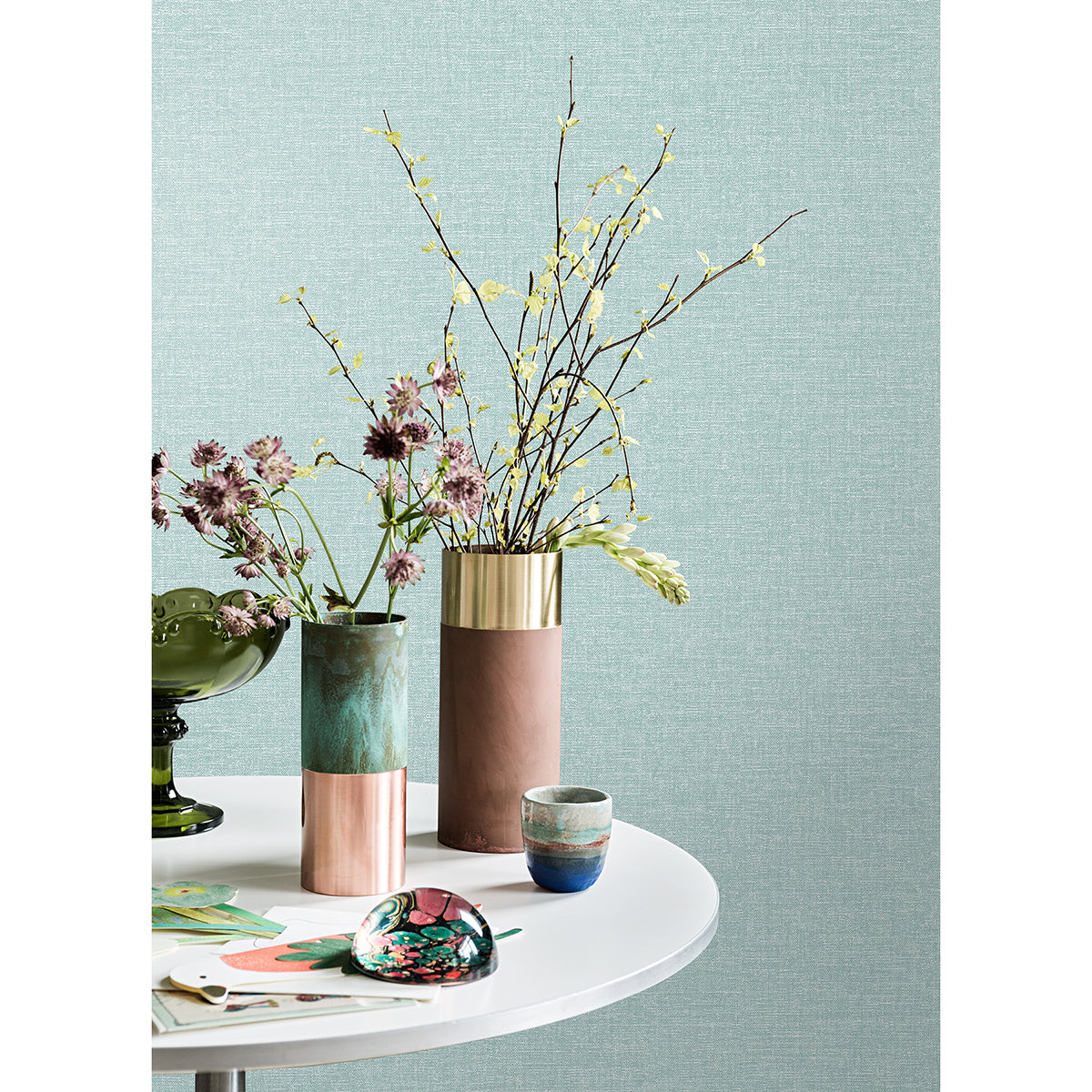 Glen Teal Linen Wallpaper - Brewster Wallcovering