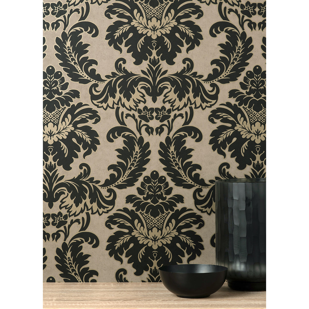 Windsor Black Damask Wallpaper - Brewster Wallcovering