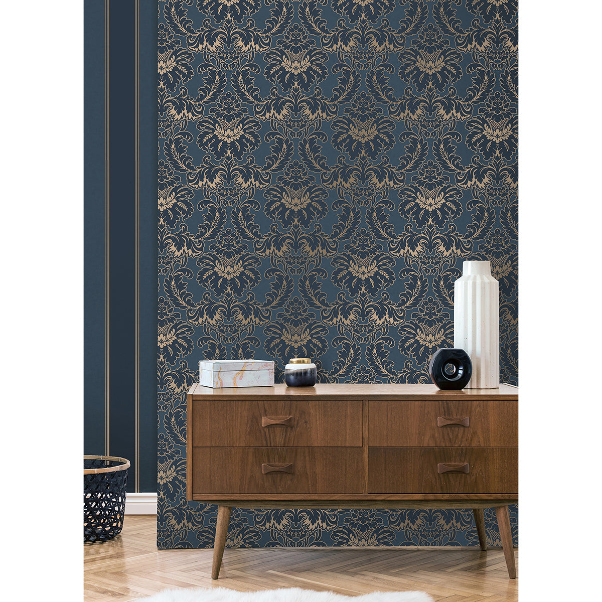 Windsor Blue Damask Wallpaper - Brewster Wallcovering