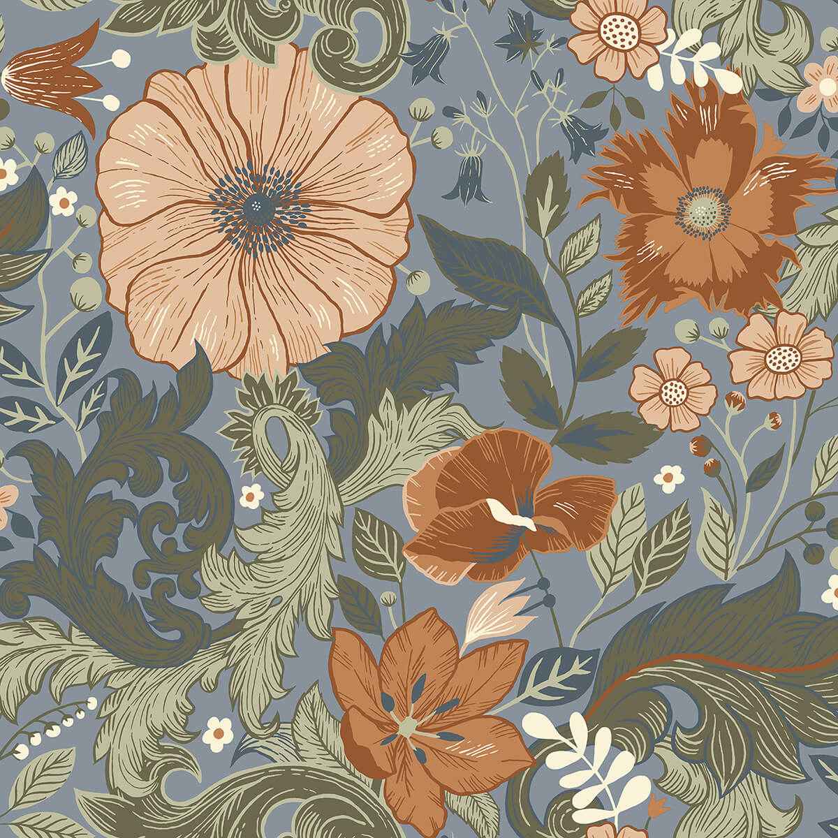 Victoria Blue Floral Nouveau Wallpaper - York Wallcoverings - 2999-13108