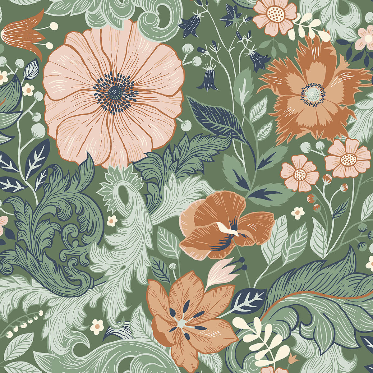 victoria-green-floral-nouveau-wallpaper-york-wallcoverings-2999-13109 - York Wallcoverings Wallpaper