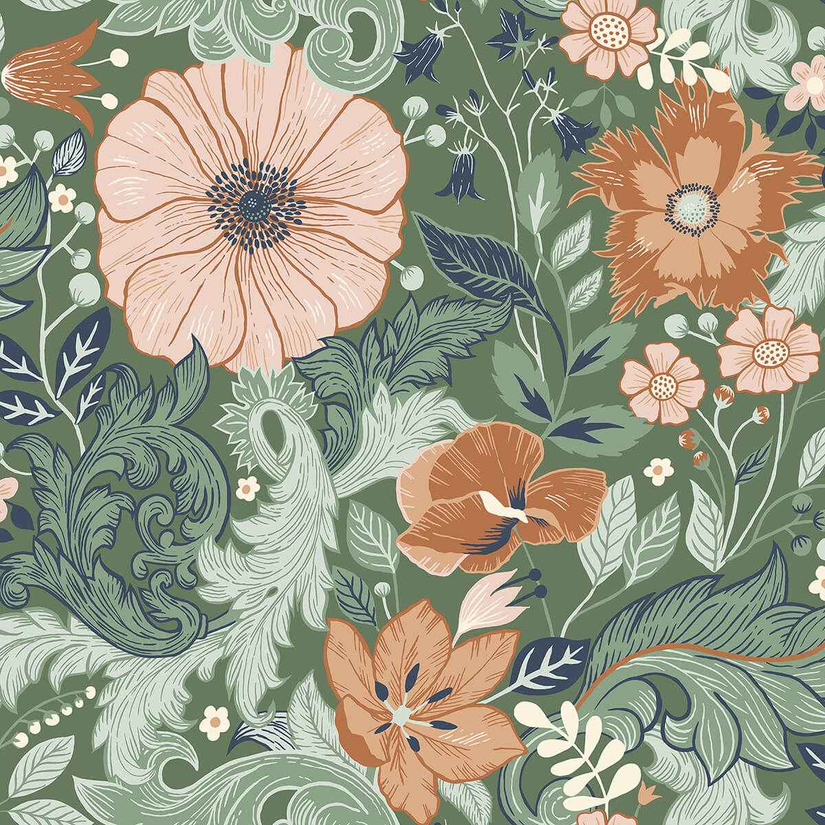 Victoria Green Floral Nouveau Wallpaper - York Wallcoverings - 2999-13109 - York Wallcoverings Wallpaper