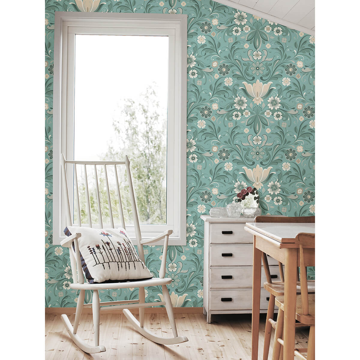 ostanskar-turquoise-retro-floral-wallpaper-york-wallcoverings-2999-24111 - York Wallcoverings Wallpaper
