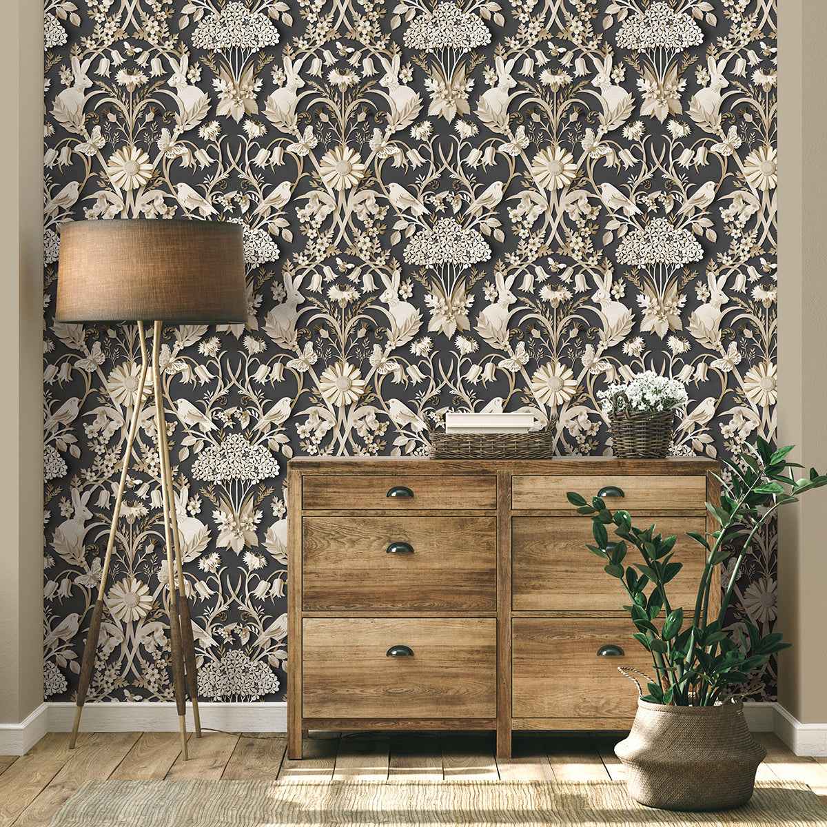 Fae Charcoal Woodland Wallpaper - York Wallcoverings - FD42948