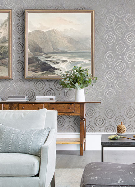 Uma Silver Medallion Wallpaper - Brewster Wallcovering