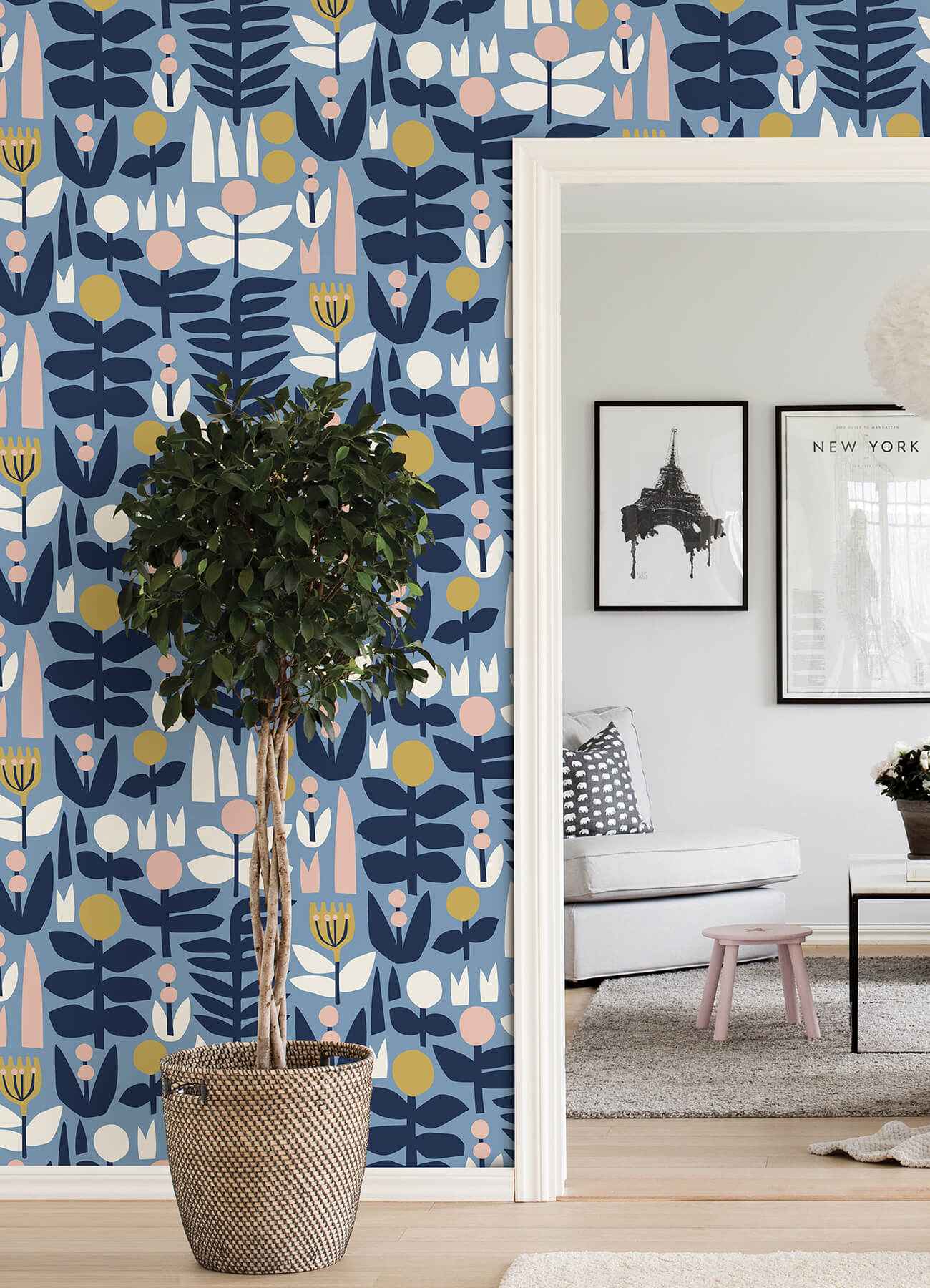 Blue a Bit of Folk Flower Peel and Stick Wallpaper - York Wallcoverings - LDS4579 - York Wallcoverings Wallpaper