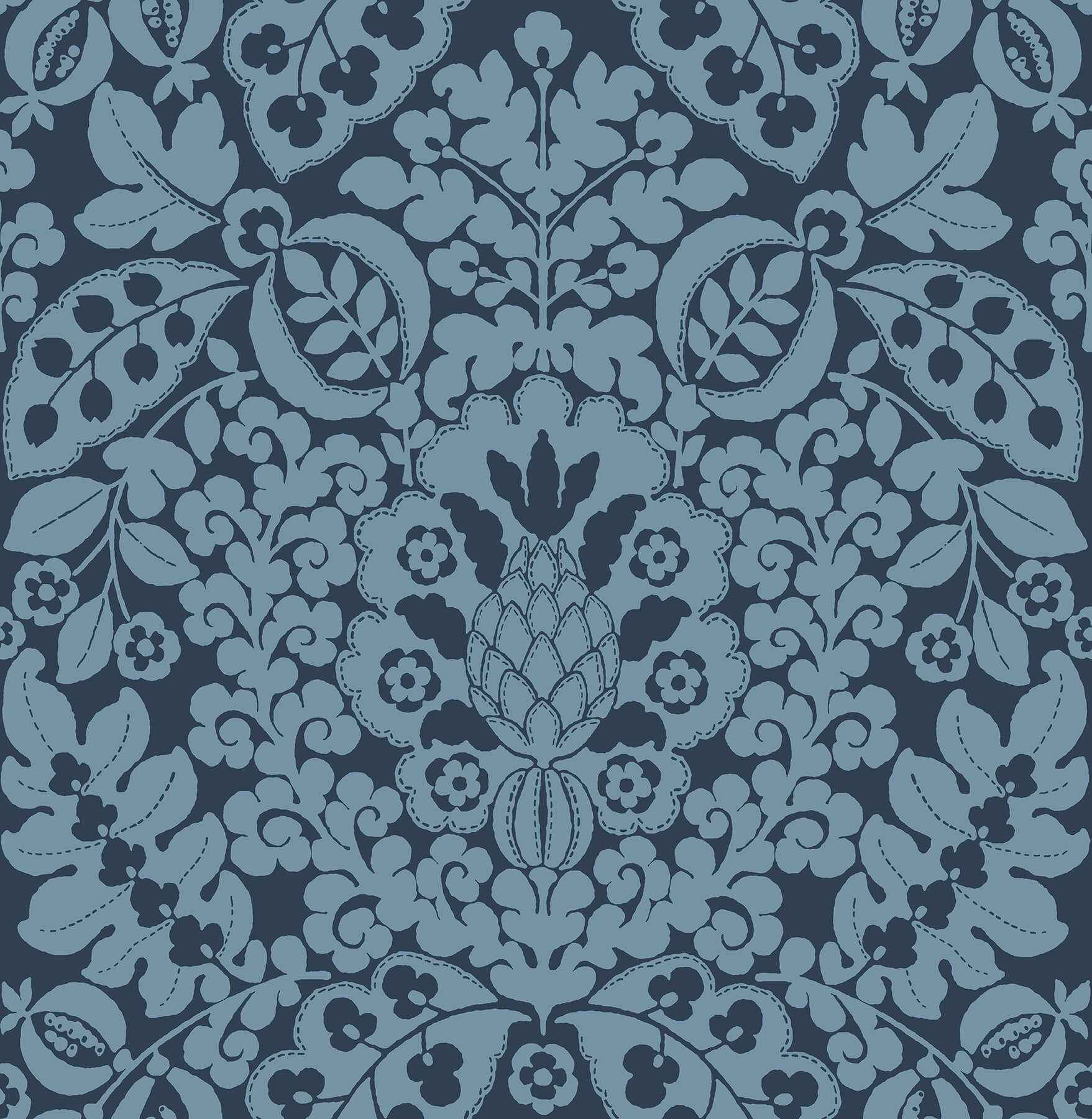Marni Navy Fruit Damask Wallpaper - York Wallcoverings - 4081-26334