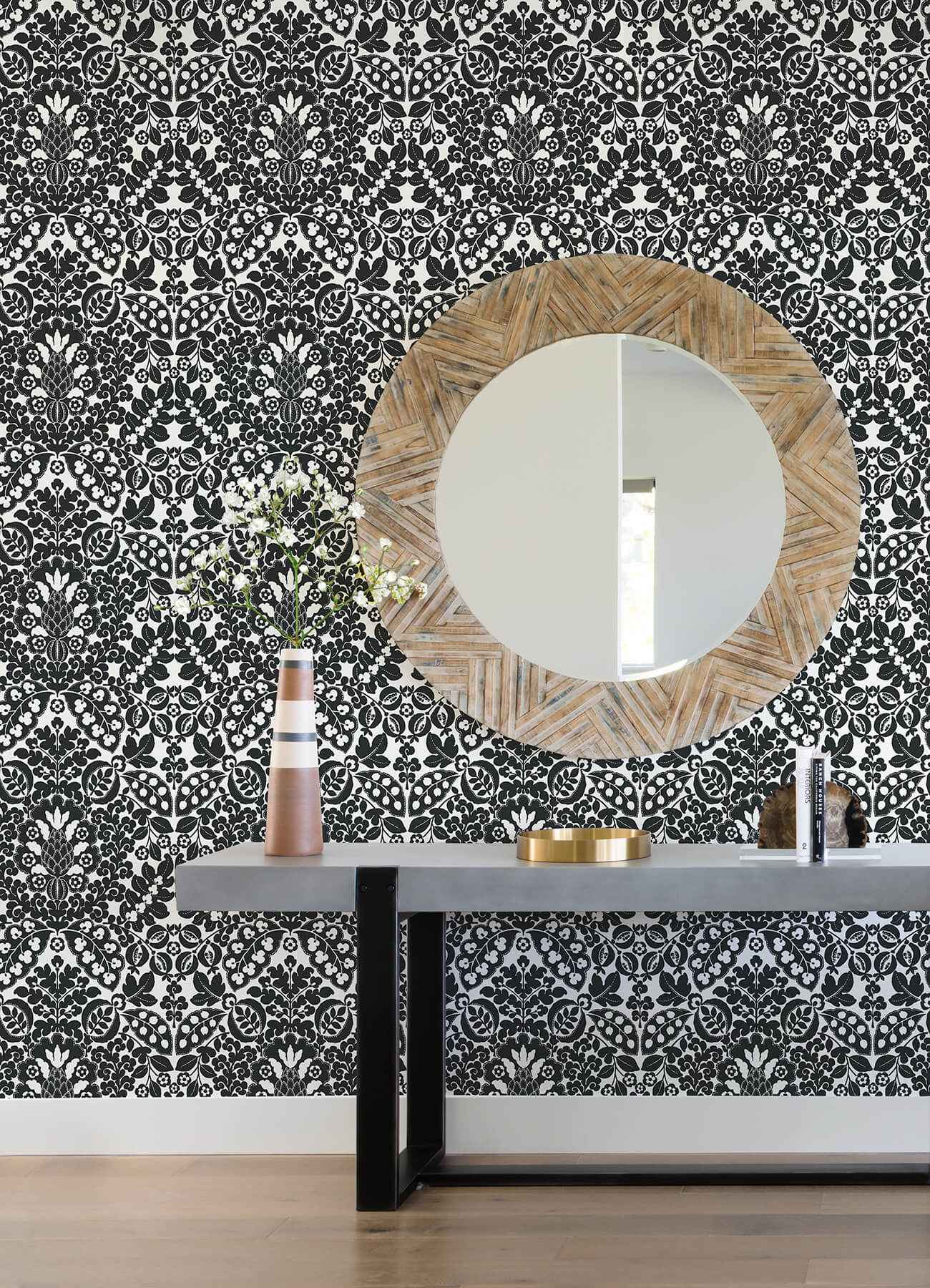 Marni Black Fruit Damask Wallpaper - York Wallcoverings - 4081-26337 - York Wallcoverings Wallpaper