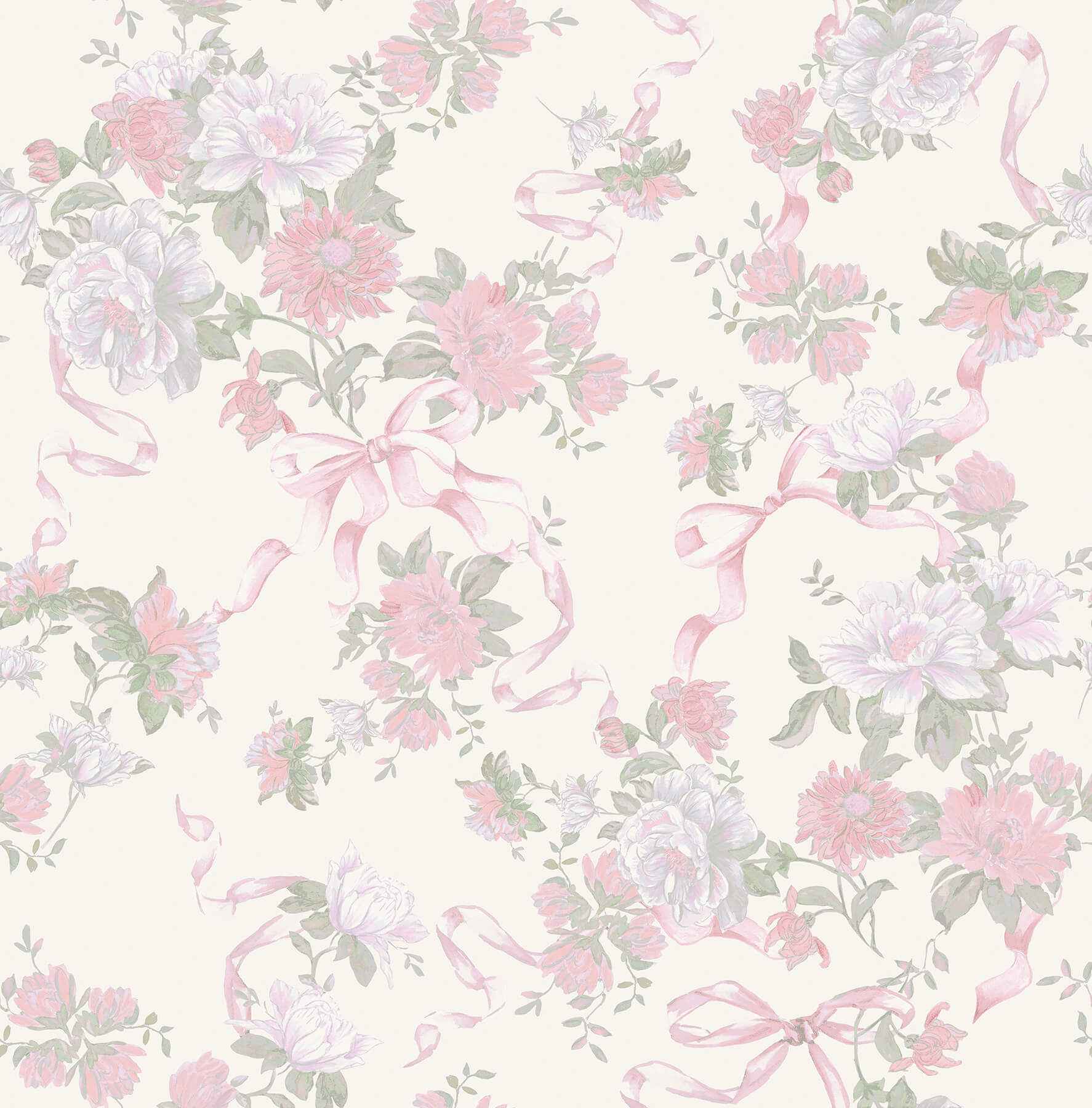Cabbage Rose Bow Pretty in Pink Ribbons & Roses Wallpaper - York Wallcoverings - AST4653