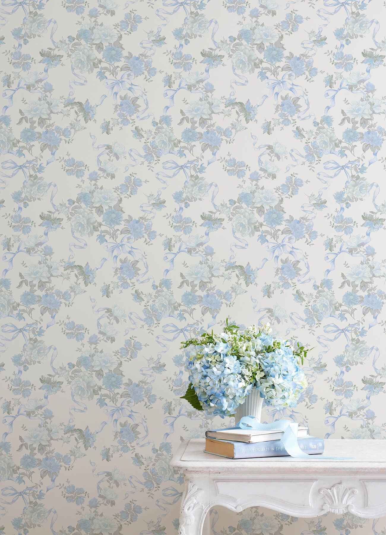 Cabbage Rose Bow Dusty River Blue Ribbons & Roses Wallpaper - York Wallcoverings - AST4654 - York Wallcoverings Wallpaper