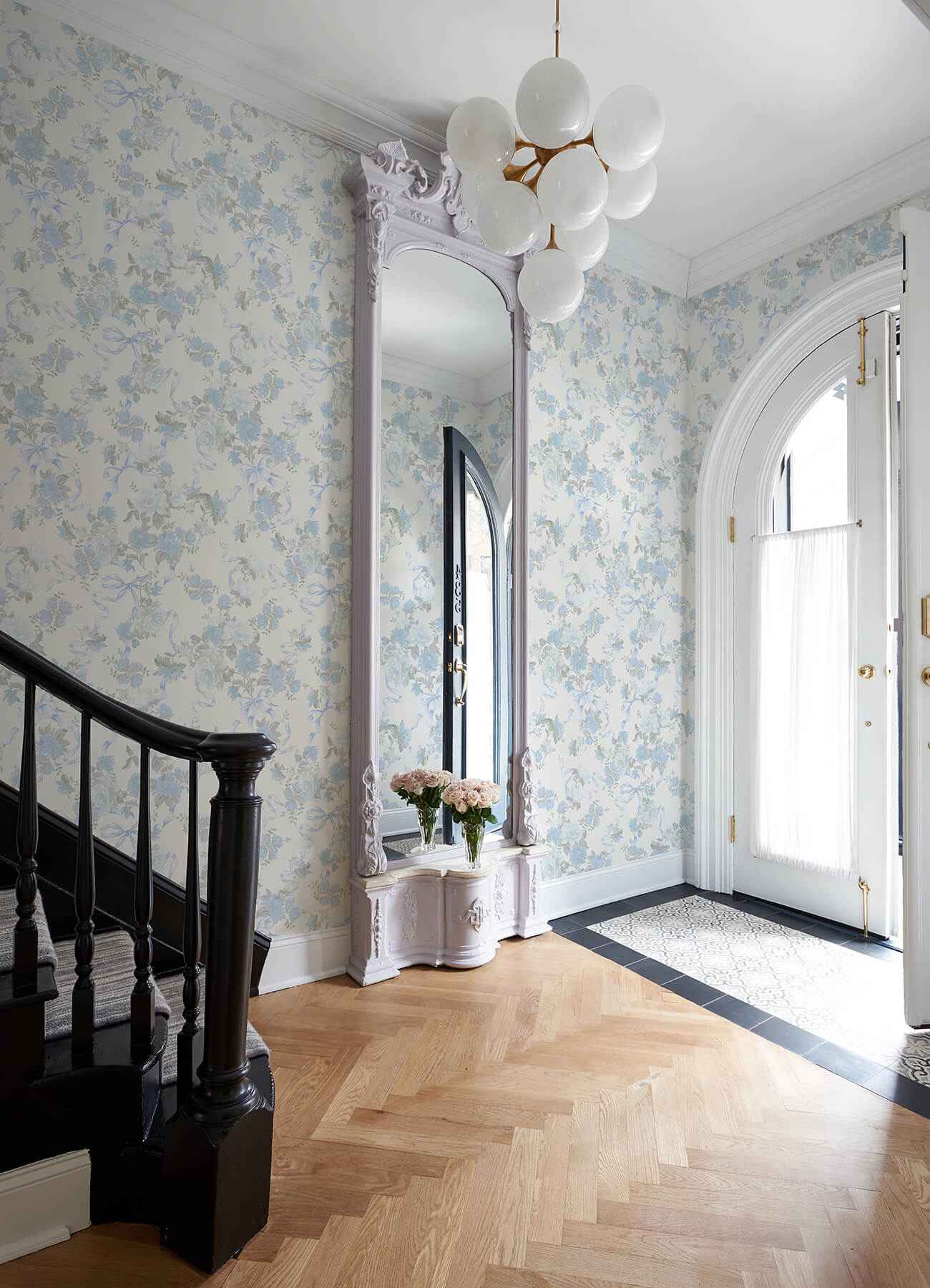 Cabbage Rose Bow Dusty River Blue Ribbons & Roses Wallpaper - York Wallcoverings - AST4654 - York Wallcoverings Wallpaper
