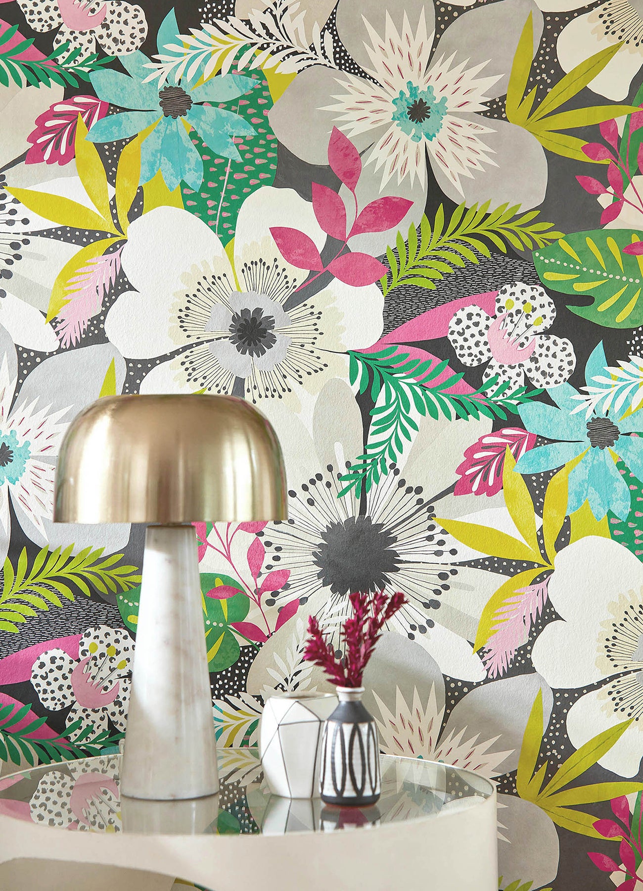 Janis Charcoal Floral Riot Wallpaper  | Brewster Wallcovering - The WorkRm