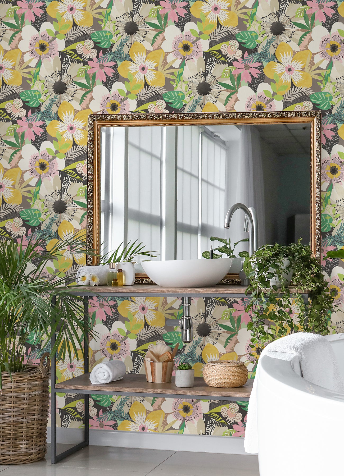 Janis Mustard Floral Riot Wallpaper - Brewster Wallcovering