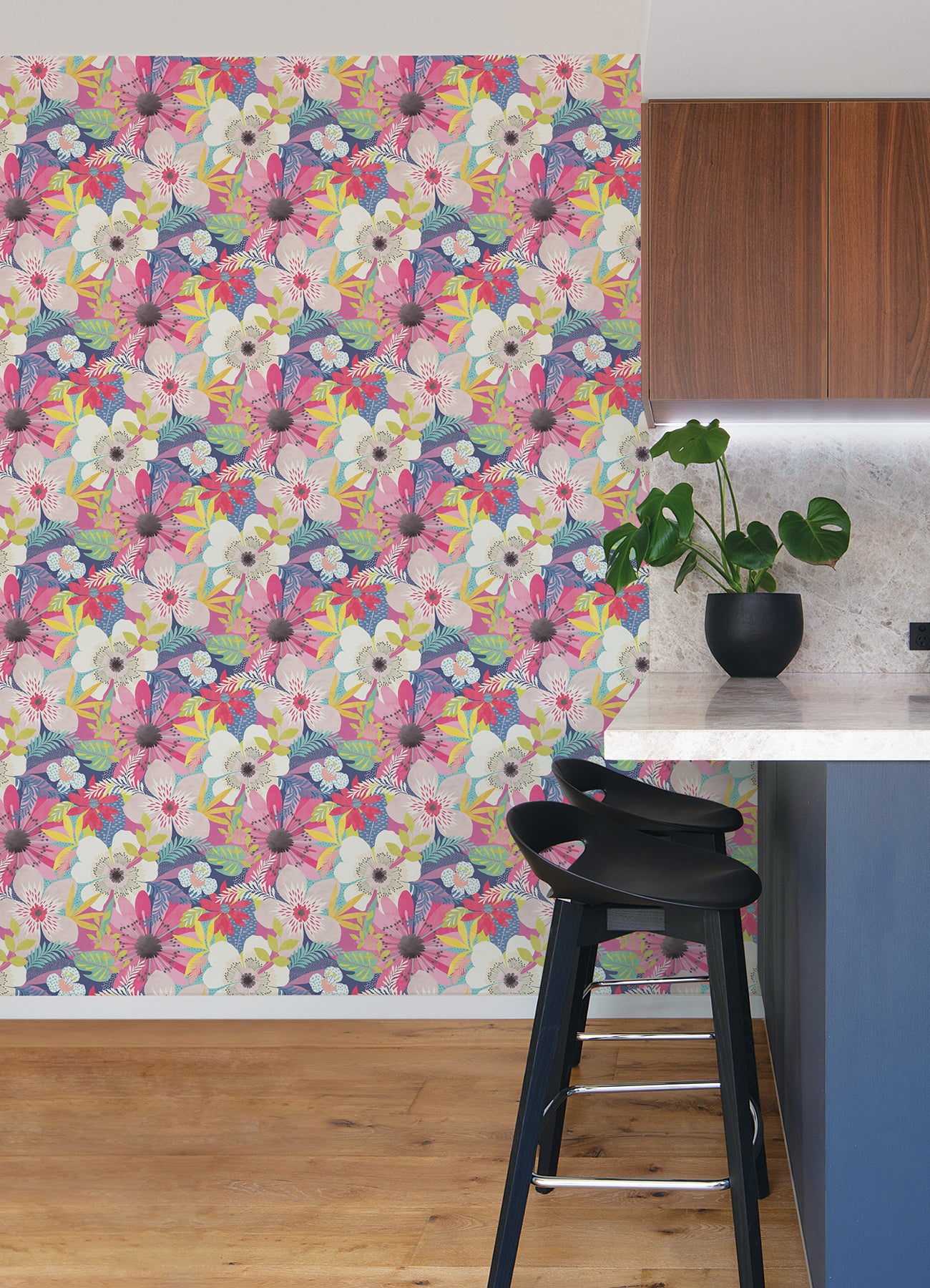 Janis Raspberry Floral Riot Wallpaper  | Brewster Wallcovering