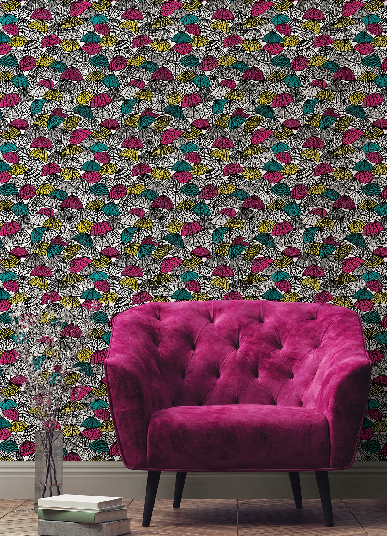 Dara Fuschia Jolly Brollies Wallpaper - Brewster Wallcovering