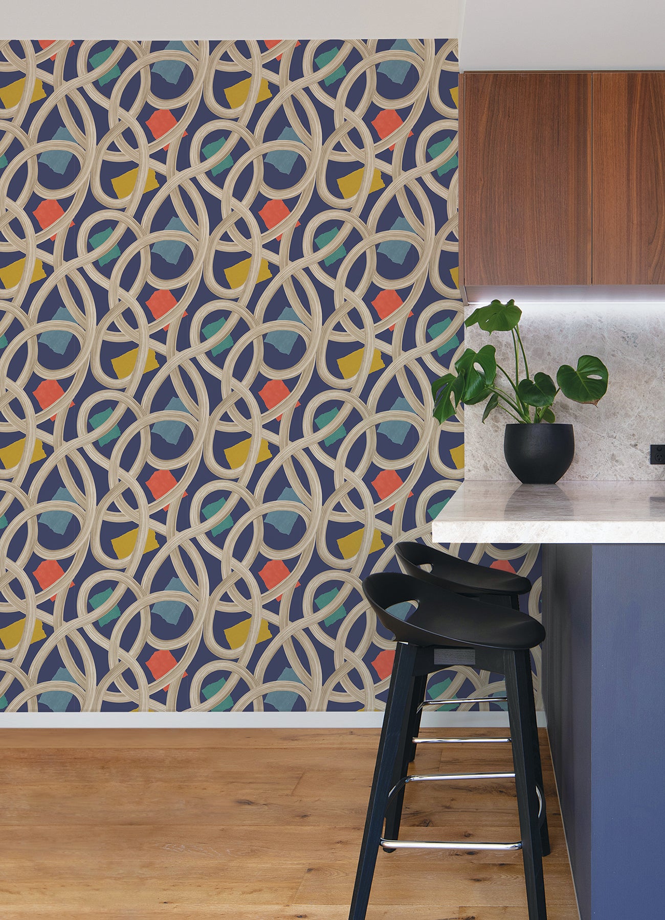 Calix Indigo Twisted Geo+ Wallpaper  | Brewster Wallcovering - The WorkRm