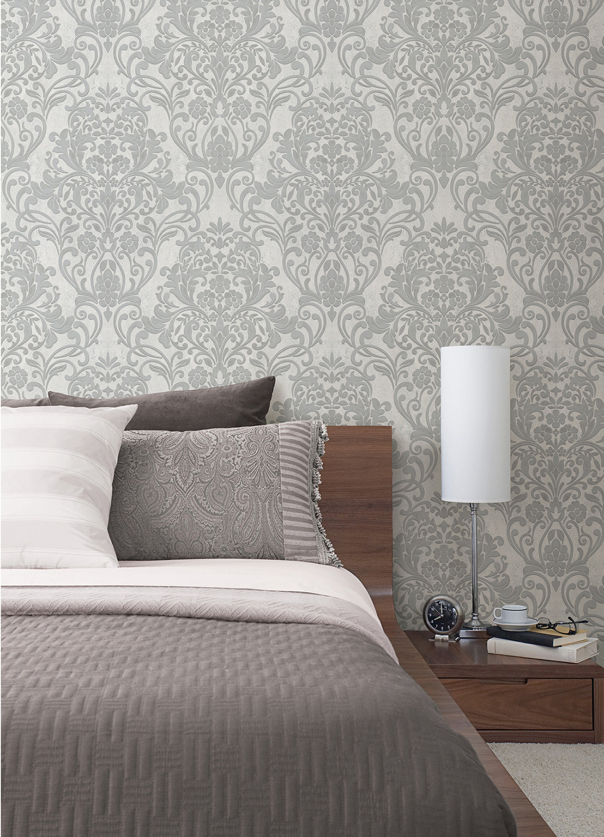 Anders Silver Damask Wallpaper - Brewster Wallcovering