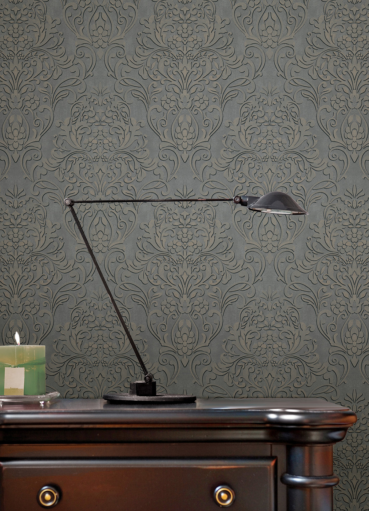 Anders Pewter Damask Wallpaper - Brewster Wallcovering