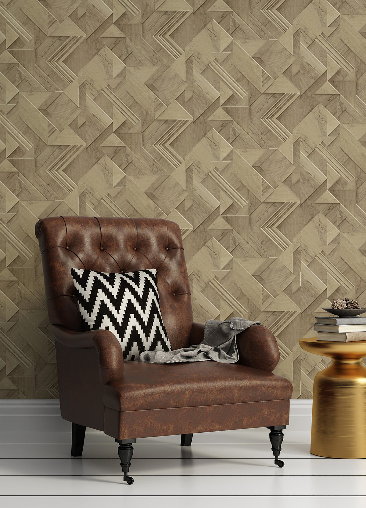 Cassian Light Brown Wood Geometric Wallpaper  | Brewster Wallcovering - The WorkRm