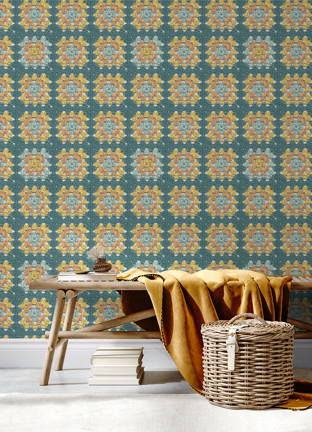 Maud Teal Crochet Geometric Wallpaper  | Brewster Wallcovering - The WorkRm