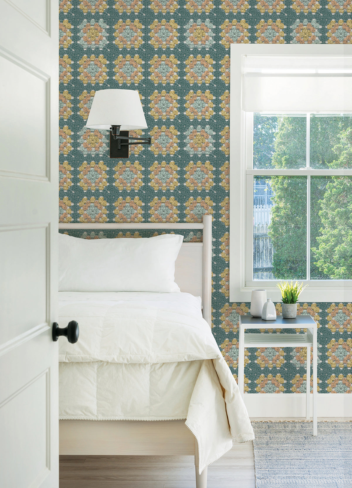 Maud Teal Crochet Geometric Wallpaper  | Brewster Wallcovering - The WorkRm