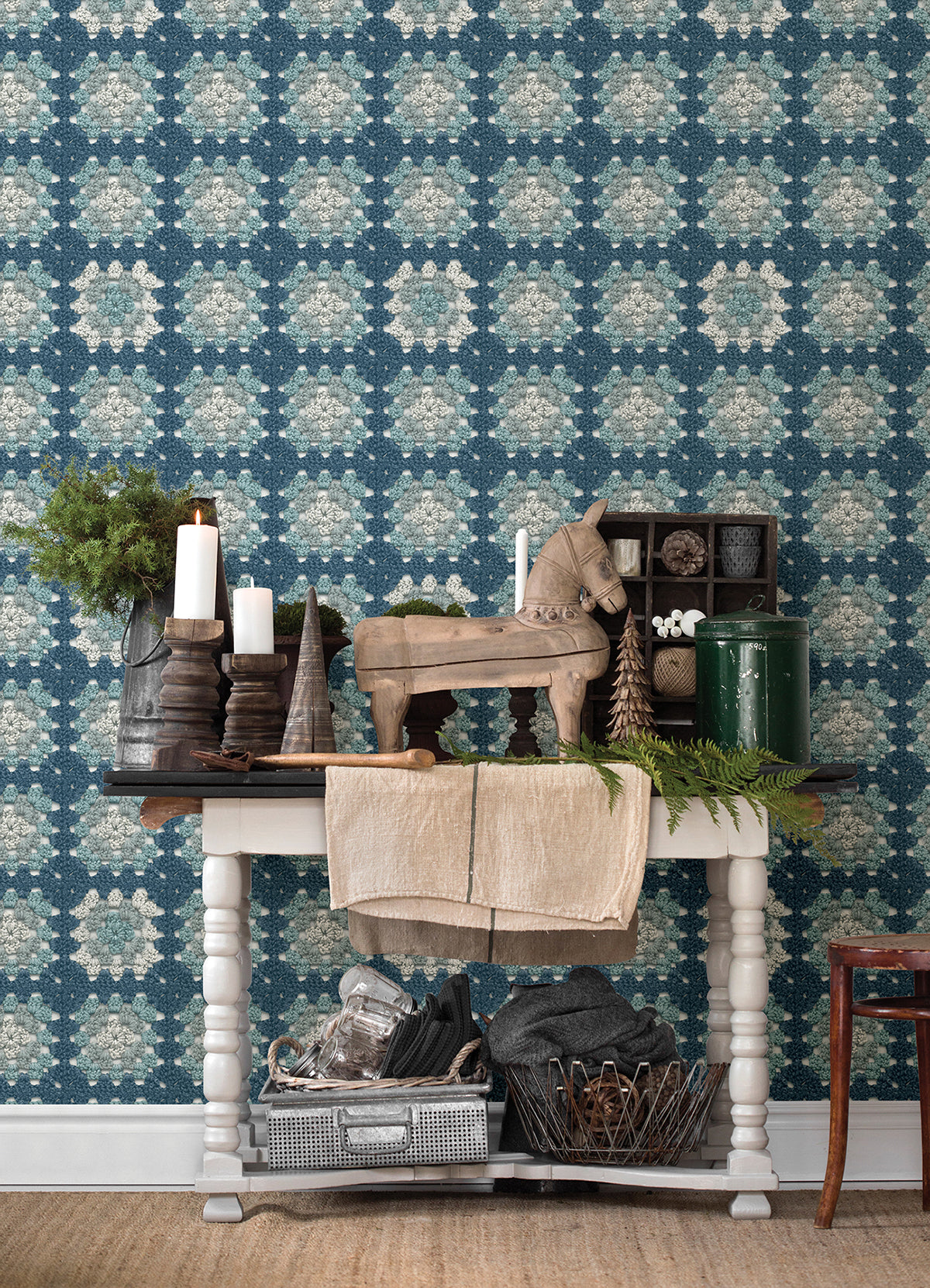 Maud Blue Crochet Geometric Wallpaper  | Brewster Wallcovering - The WorkRm