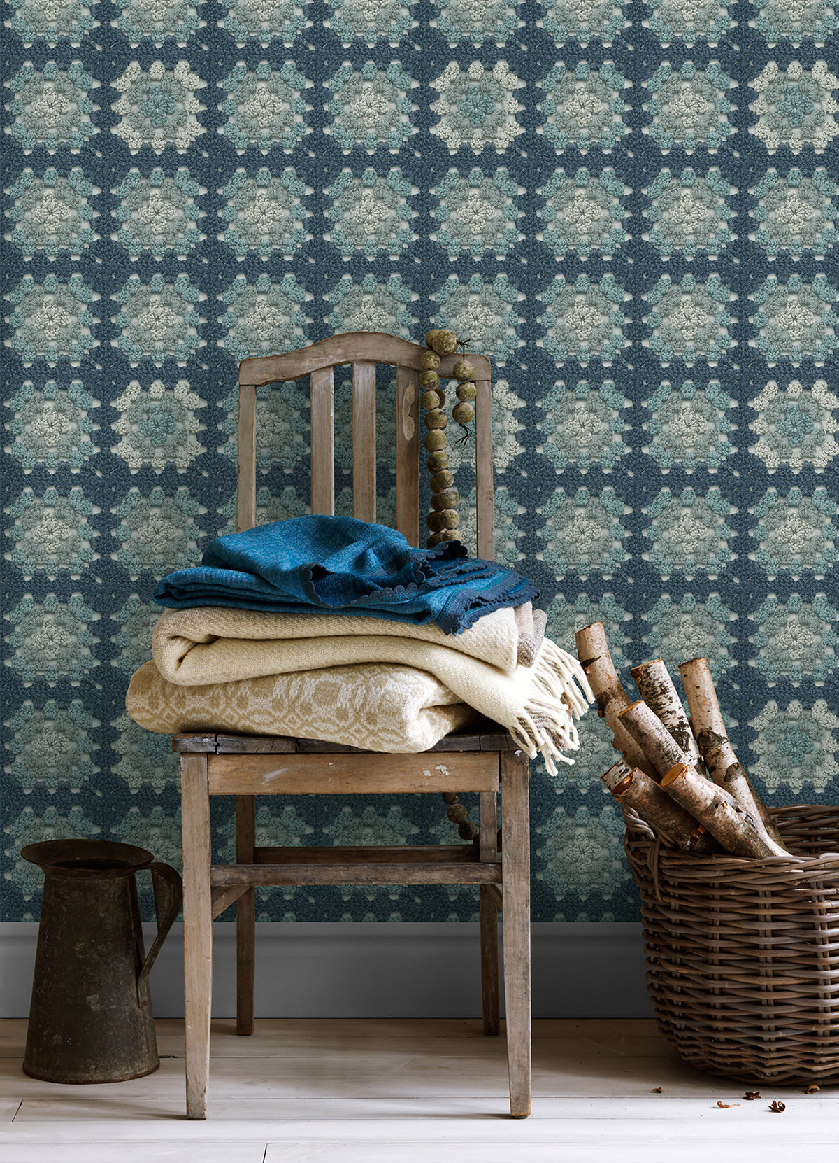 Maud Blue Crochet Geometric Wallpaper  | Brewster Wallcovering - The WorkRm