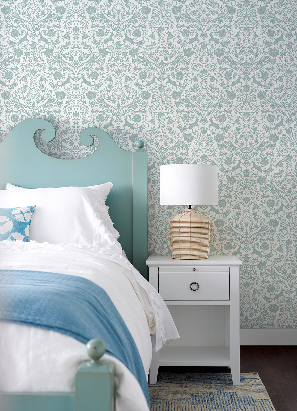 Forest Dance Aqua Damask Wallpaper - Brewster Wallcovering