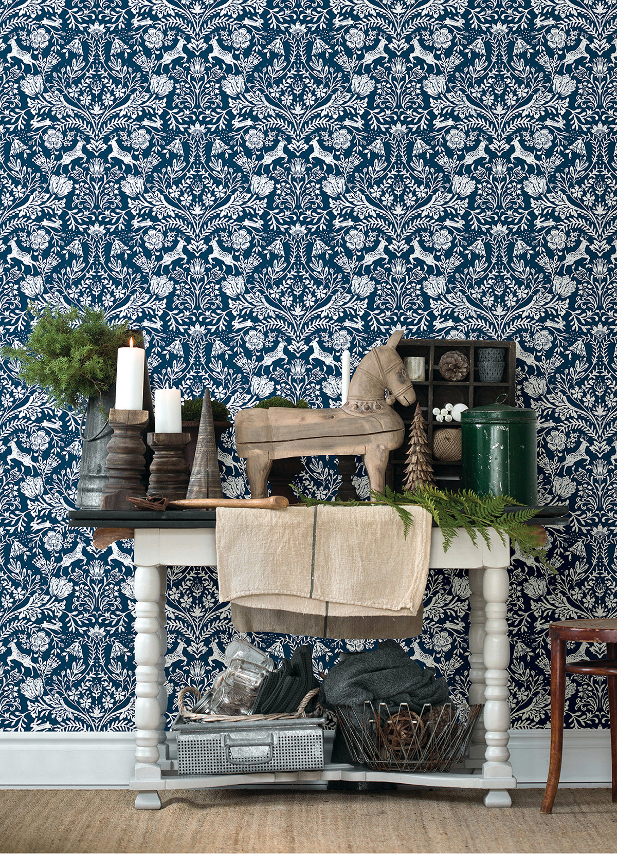 Forest Dance Navy Damask Wallpaper - Brewster Wallcovering