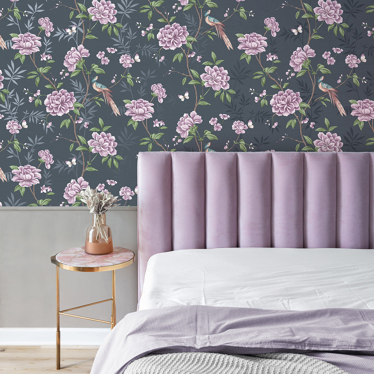 Akina Navy Floral Wallpaper - Brewster Wallcovering