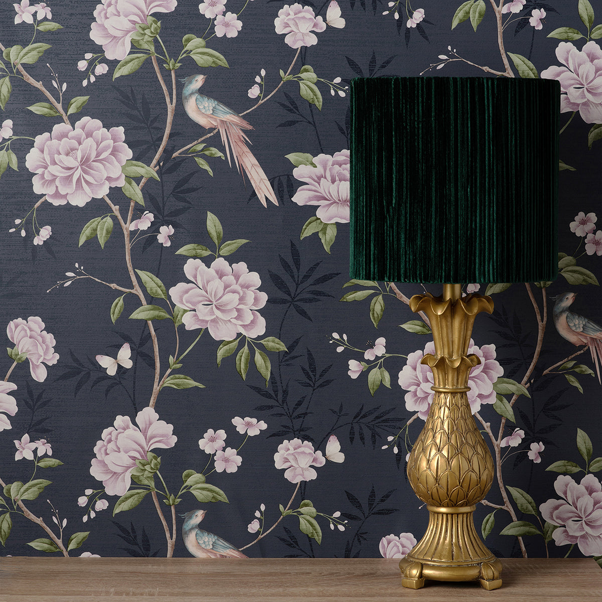 Akina Navy Floral Wallpaper - Brewster Wallcovering