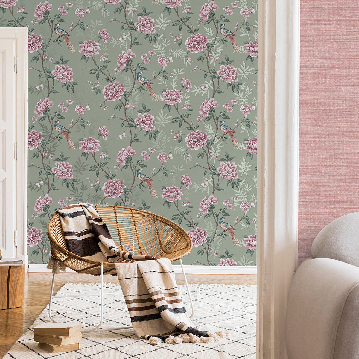 Akina Sage Floral Wallpaper - Brewster Wallcovering