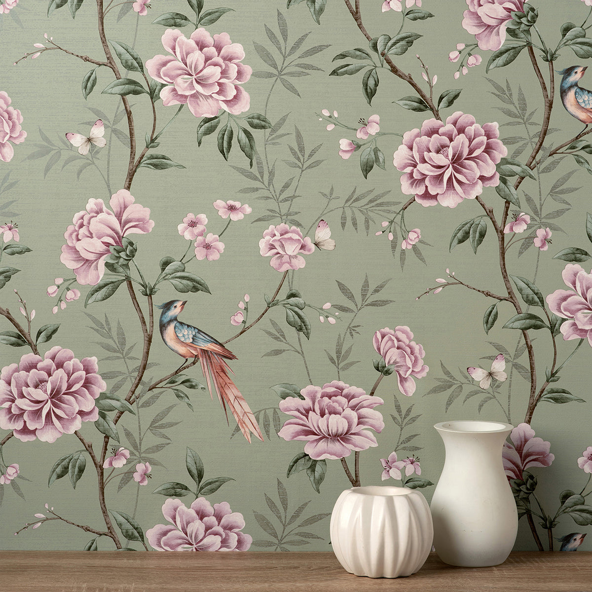 Akina Sage Floral Wallpaper - Brewster Wallcovering