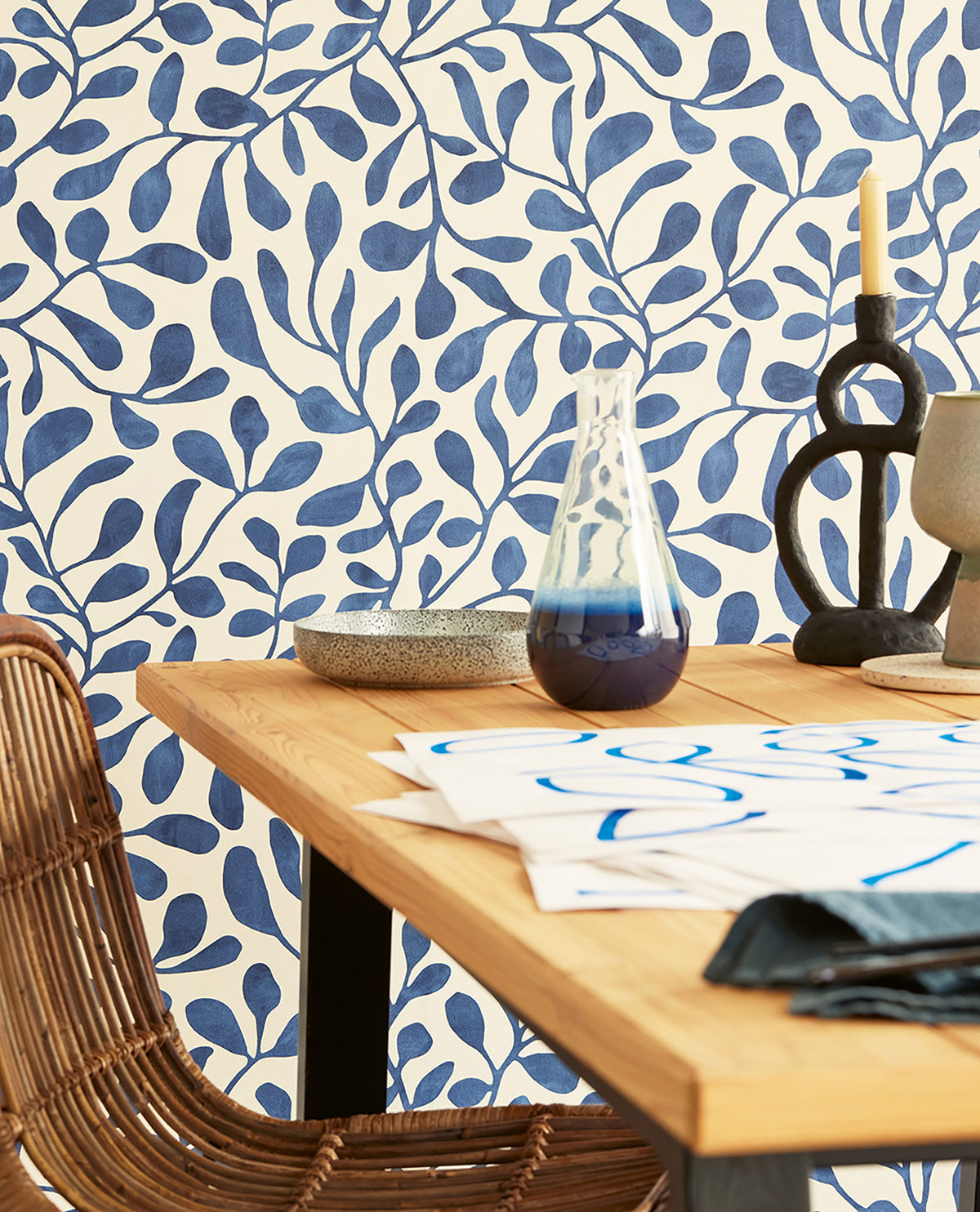 Fiona Dark Blue Leafy Vines Wallpaper  | Brewster Wallcovering - The WorkRm