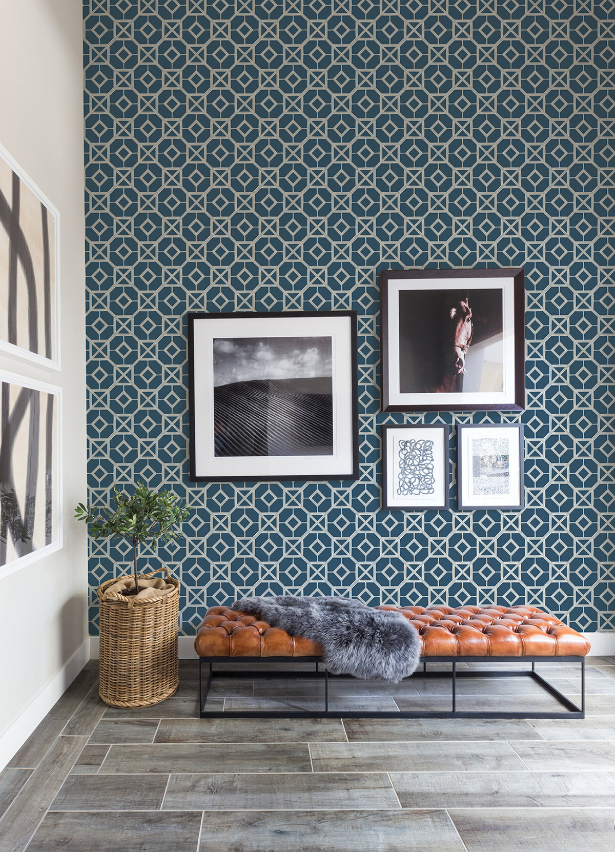Livia Dark Blue Trellis Wallpaper  | Brewster Wallcovering
