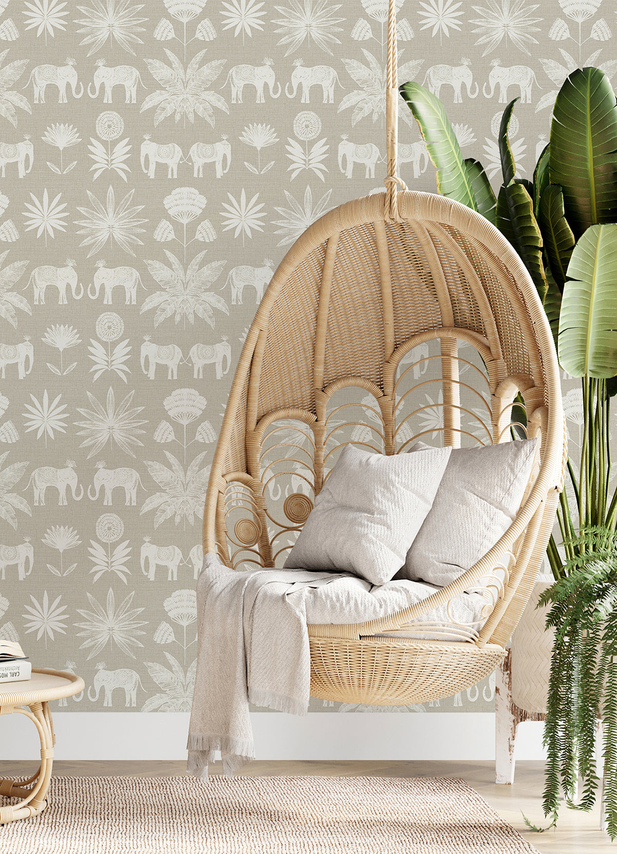 Bazaar Light Grey Elephant Oasis Wallpaper  | Brewster Wallcovering - The WorkRm